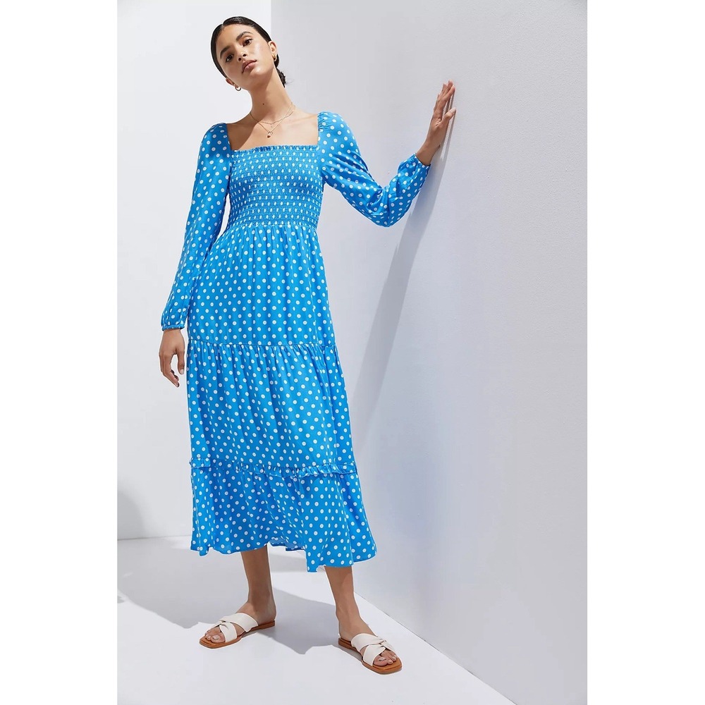 Anthropologie DOLAN Smocked Midi‎ Dress LARGE Blue Polka Dot Rayon Women's